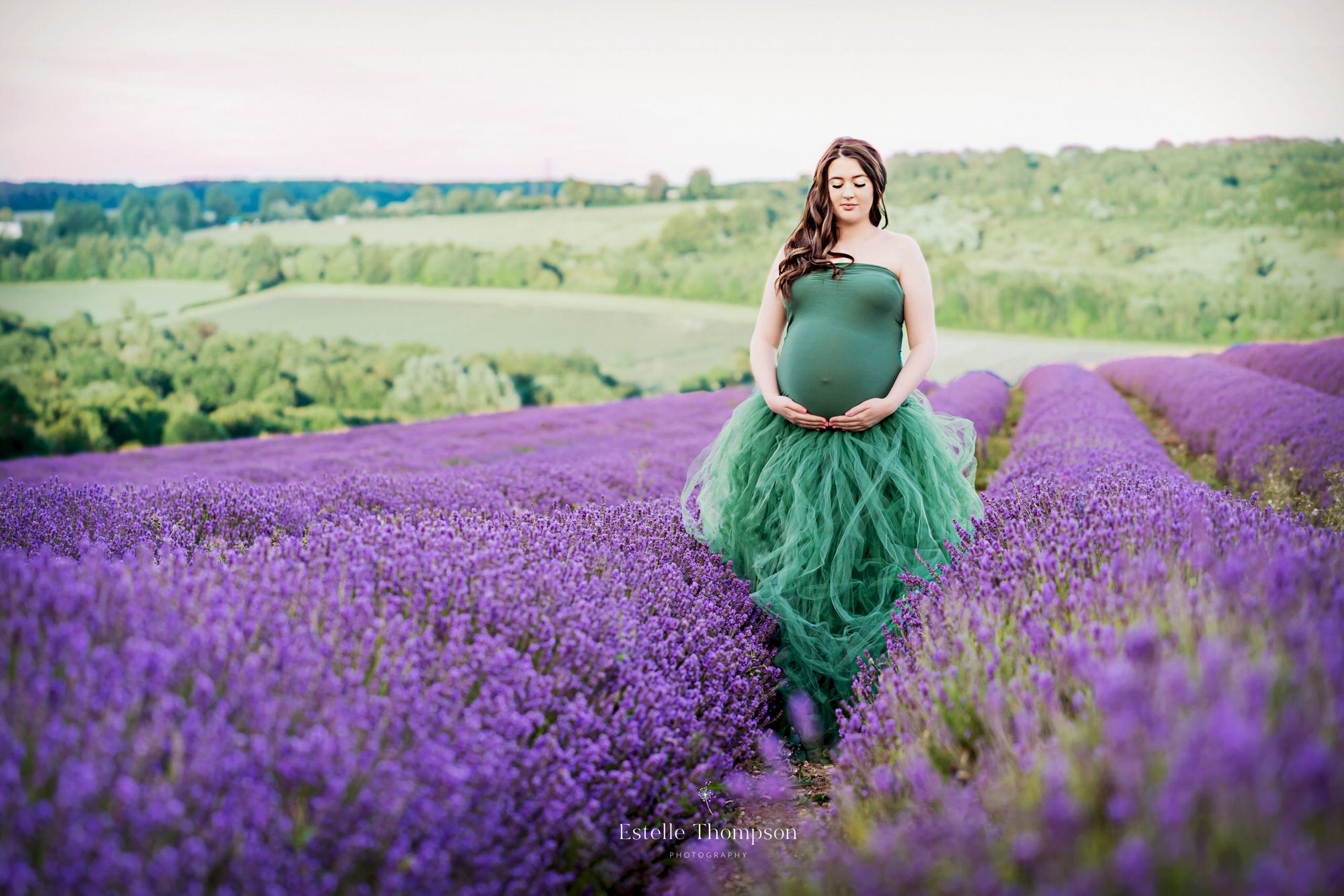 Pregnant lady stands in a lavender field holding her bump by Kent Maternity Photographer
