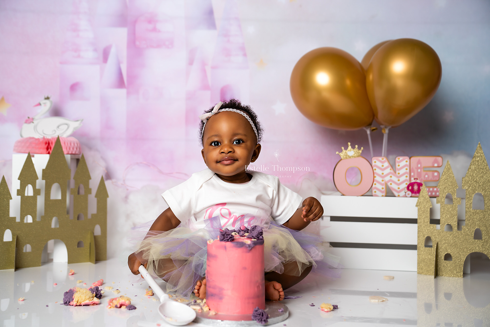 Baby girl with a birthday cake on her first birthday photoshoot